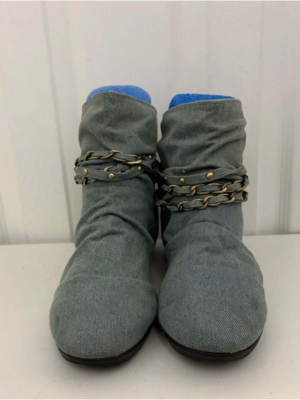 Vintage REPORT Ruched Light Wash Denim Ankle Booties with Chain Accents